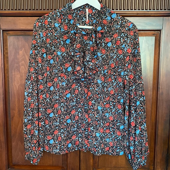 Free People botanical floral blouse ruffle jabot balloon sleeves button front - Picture 1 of 14
